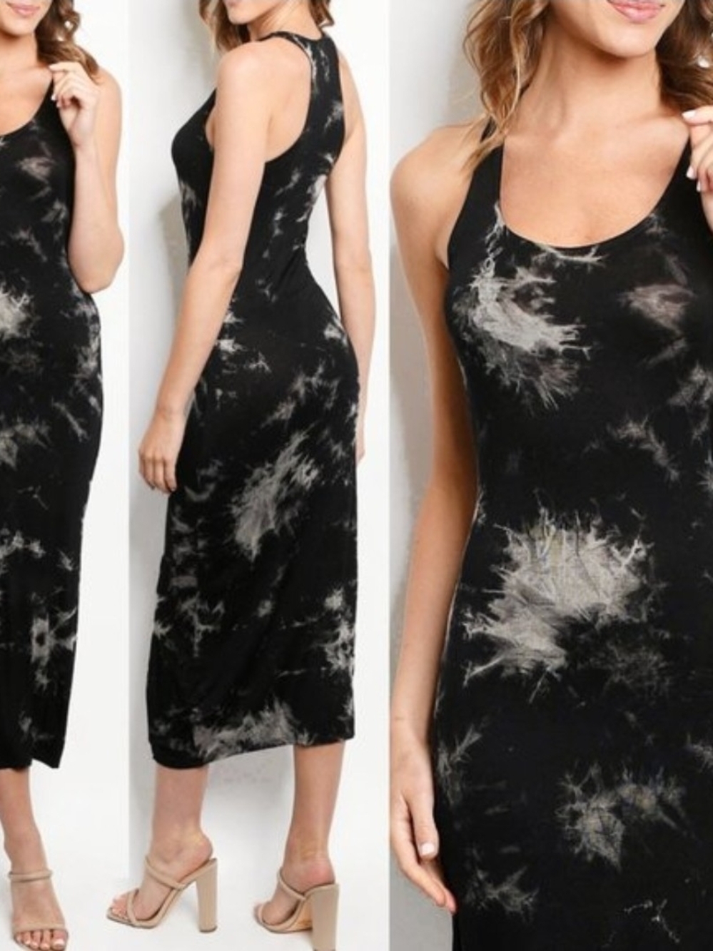 Black Bleach Tie-Dye Racer Back Soft Maxi Tank Dress